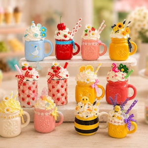 Mini Summer Mugs & Tumblers w/Faux Whipped Cream, Mini Mason Jar Mug Decor, Summer Tiered Tray Filler, Tiered Tray Decor, Summer Coffee Bar