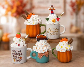 Mini Fall Mugs with Faux Whipped Cream, Pumpkin Spice Decor, Autumn Tiered Tray Decor, Fall Shelf Decor, Thanksgiving Decor
