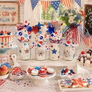Mini Faux Milkshake w/Whipped Cream Patriotic Milk Bottle Decor, Fake 4th of July Tiered Tray, Memorial Day, Coffee Bar, Strawberry Cherry