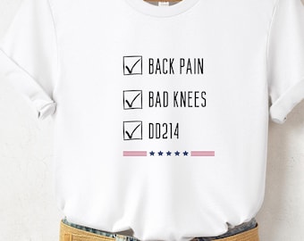 腰痛・膝の不調 DD214 Tシャツ、退役軍人記念シャツ、女性退役軍人へのプレゼント、退職者へのギフト、おもしろミリタリーTシャツ、退役軍人の日ギフト