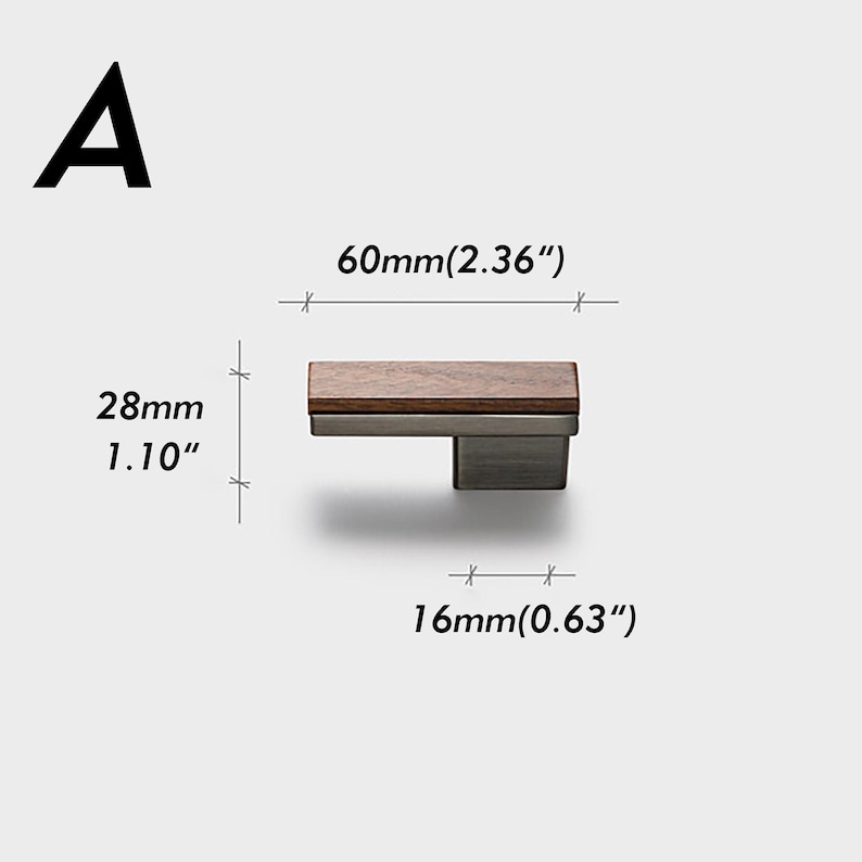 May include: A cabinet pull with a rectangular wooden top and a metal base. The pull is 60mm (2.36") long, 28mm (1.10") high, and 16mm (0.63") wide. The letter "A" is in the upper left corner.
