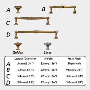 May include: A collection of antique-style brass cabinet knobs and pulls labelled A, B, C, and D, with a silver knob option. A table displays dimensions in millimetres and inches, including lengths from 34mm to 176mm and hole pitches up to 160mm.