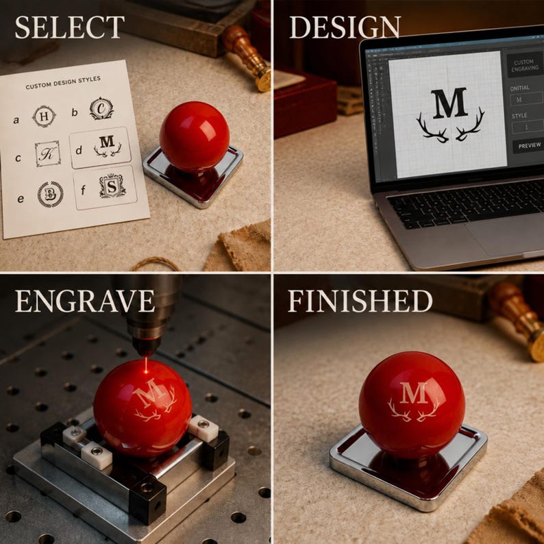 May include: A four-part process showing a custom wax seal stamp. It features a red spherical handle on a square metal base. The steps include selecting a design from a paper guide, digital design on a laptop, laser engraving the letter M with antlers, and the finished product.