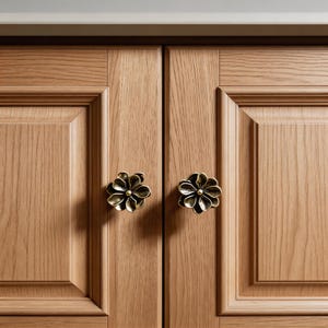 Puede incluir: Dos pomos de armario de latón antiguo con forma de flores de varios pétalos están montados en un par de puertas de armario de madera de roble claro. Los pomos presentan un diseño dimensional en capas con un punto central circular.