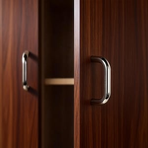 Op de afbeelding: Een donkerbruine houten kast met twee deuren die op een kier staan, waardoor een glimp van een binnenplank zichtbaar is. Elke deur is voorzien van een gepolijste, gebogen, zilverkleurige metalen handgreep die verticaal op het houtnerf paneel is bevestigd.