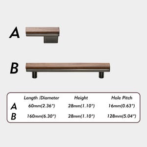 May include: Two cabinet pulls with a wood and metal design are shown. Pull A is 60mm long, and pull B is 160mm long. Both pulls are 28mm high. The hole pitch for A is 16mm, and for B is 128mm.