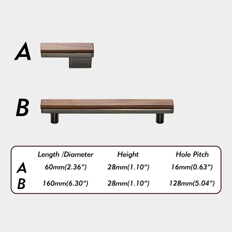 May include: Two cabinet pulls with a wood and metal design are shown. Pull A is 60mm long, and pull B is 160mm long. Both pulls are 28mm high. The hole pitch for A is 16mm, and for B is 128mm.