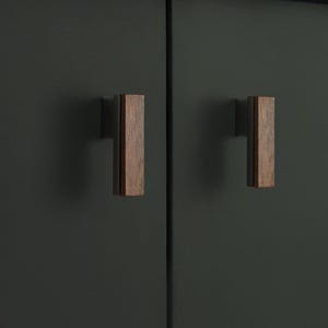 May include: Two wooden cabinet pulls with a rectangular design. The pulls are a warm brown colour and are mounted on a dark green cabinet door. The pulls are made of wood and have a simple, modern design.