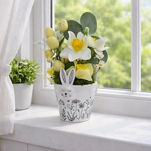 Bunny Mug Floral Arrangement, Easterly Easterfully, Spring Easter Table Centerpiece, Artificial Flowers Home Decor