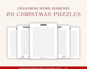 Sopas de letras navideñas para colorear: 60 crucigramas con temática navideña con soluciones incluidas (archivo A4).