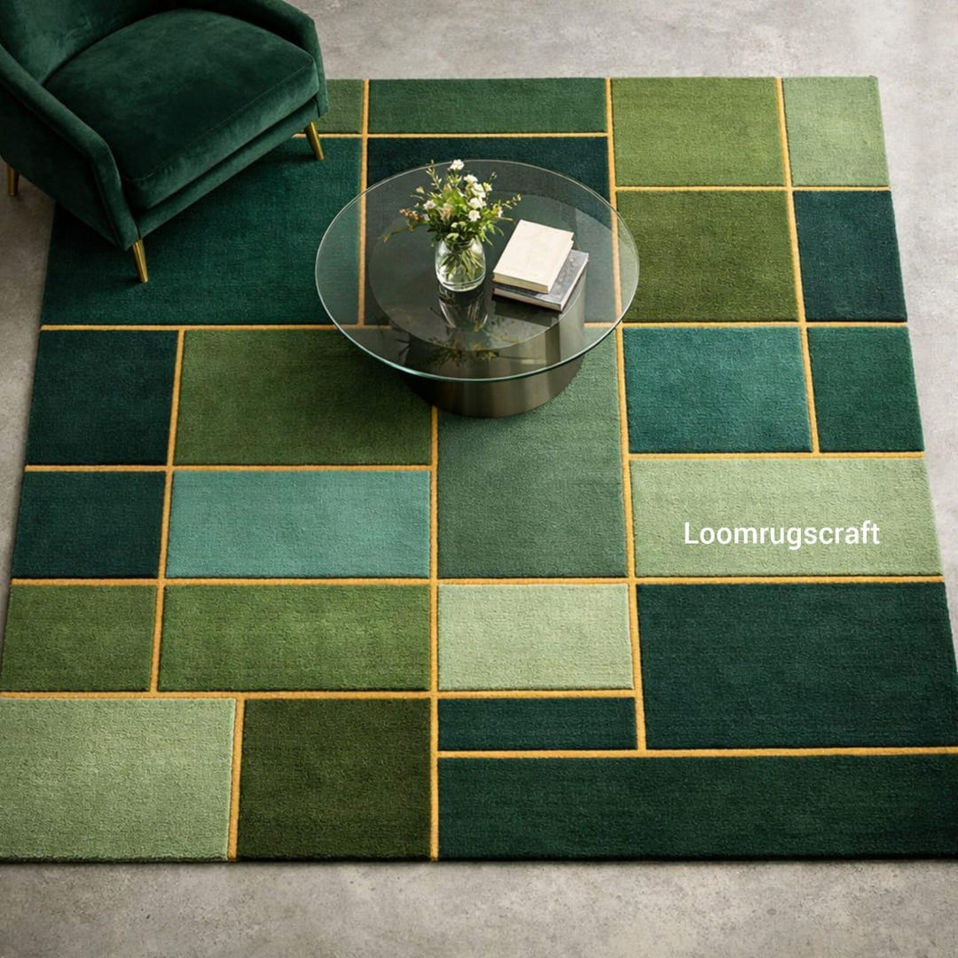 8x10 9x12 Luxury Green Geometric Area Rug – Modern Art Hand-tufted Wool ...