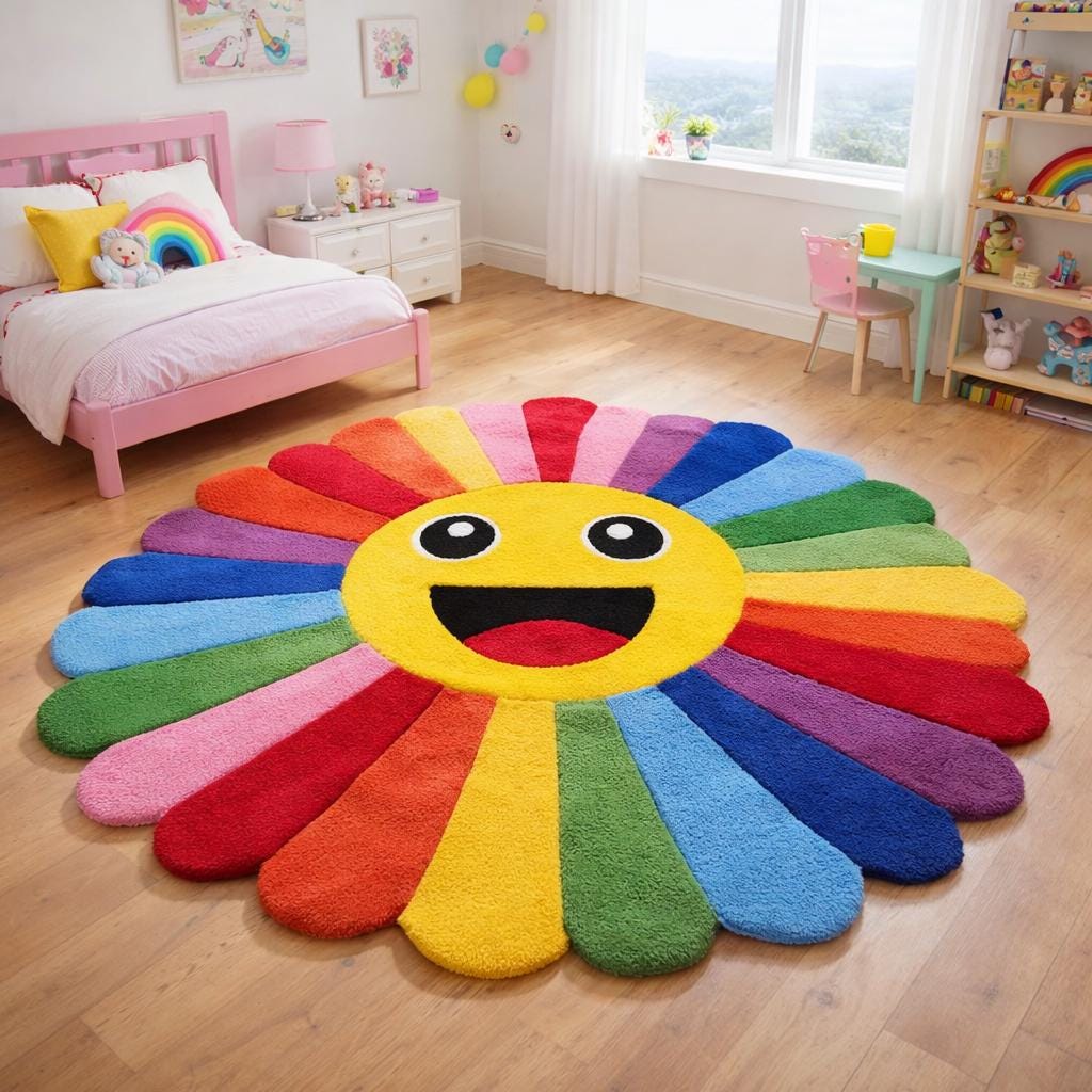 Giant Rainbow Smiley Flower Rug | Colorful Cartoon Tufted Rug for