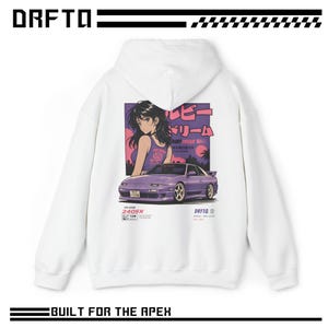Bluza z kapturem Anime Racer Girl | Fioletowy samochód Skyline, Retro JDM Vaporwave