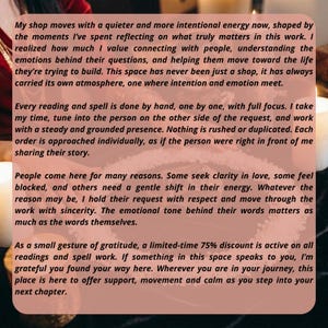 May include: Text on a pink background, describing a shop's services. The text discusses the shop's focus on connecting with people, offering readings and spells, and providing support. The text also mentions a limited-time discount.