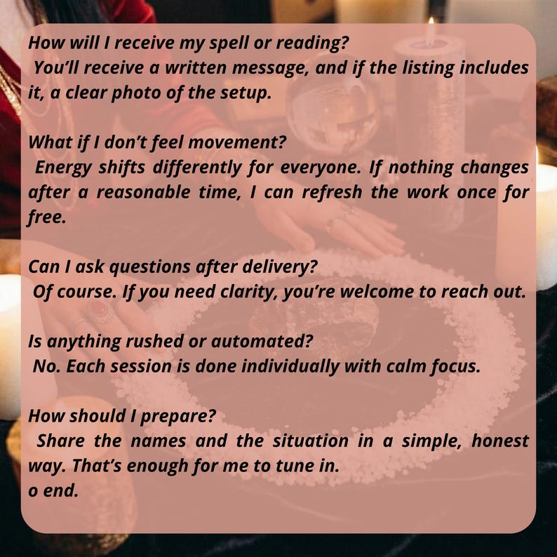 May include: A square graphic with text answering questions about spells and readings. The questions include how the spell is received, what to do if there is no movement, and how to prepare. The background is a blurred image of hands and candles.