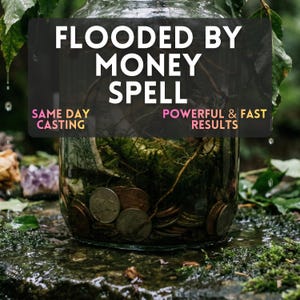Peut inclure: Un bocal en verre transparent rempli de pièces de monnaie, de mousse et de brindilles. Le bocal porte l'inscription "FLOODED BY MONEY SPELL" en blanc, avec "SAME DAY CASTING" et "POWERFUL & FAST RESULTS" en rose et jaune.