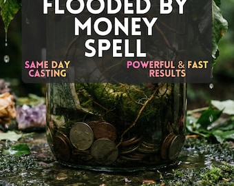 May include: A clear glass jar filled with coins, moss, and twigs. The jar has the text "FLOODED BY MONEY SPELL" in white, with "SAME DAY CASTING" and "POWERFUL & FAST RESULTS" in pink and yellow.