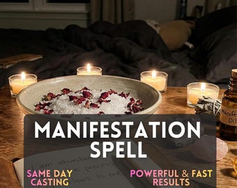 May include: A manifestation spell setup with a ceramic bowl filled with salt and rose petals, surrounded by lit candles. The text "MANIFESTATION SPELL" is displayed, along with "SAME DAY CASTING" and "POWERFUL & FAST RESULTS".