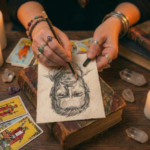 以下が含まれることがあります： 男性の顔の鉛筆スケッチが、古くなった紙に描かれています。指輪とブレスレットをつけたアーティストの手が、鉛筆と木炭スティックを持っています。タロットカードとクリスタルが絵を取り囲み、神秘的なテーマを示唆しています。