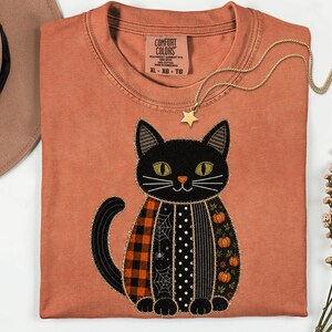 Comfort Colors Faux Patchwork Black Cat Halloween Shirt, Autumn Thanksgiving Shirt, Cute Gift, Checkered Pumpkins Tee