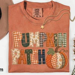 Comfort Colors® Faux Patchwork Pumpkin Patch Shirt,  Boho Fall Cottagecore Tee Fall Harvest Shirt, Vintage Autumn Shirt, Thanksgiving Shirt,