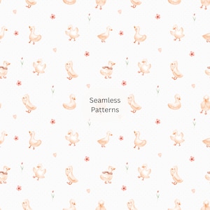 Könnte beinhalten: Ein nahtloses Muster mit Aquarellillustrationen von pfirsichfarbenen Entenküken, rosa Blumen und kleinen grünen Pflanzen auf weißem Hintergrund. Der Text "Seamless Patterns" befindet sich in der Mitte des Bildes.
