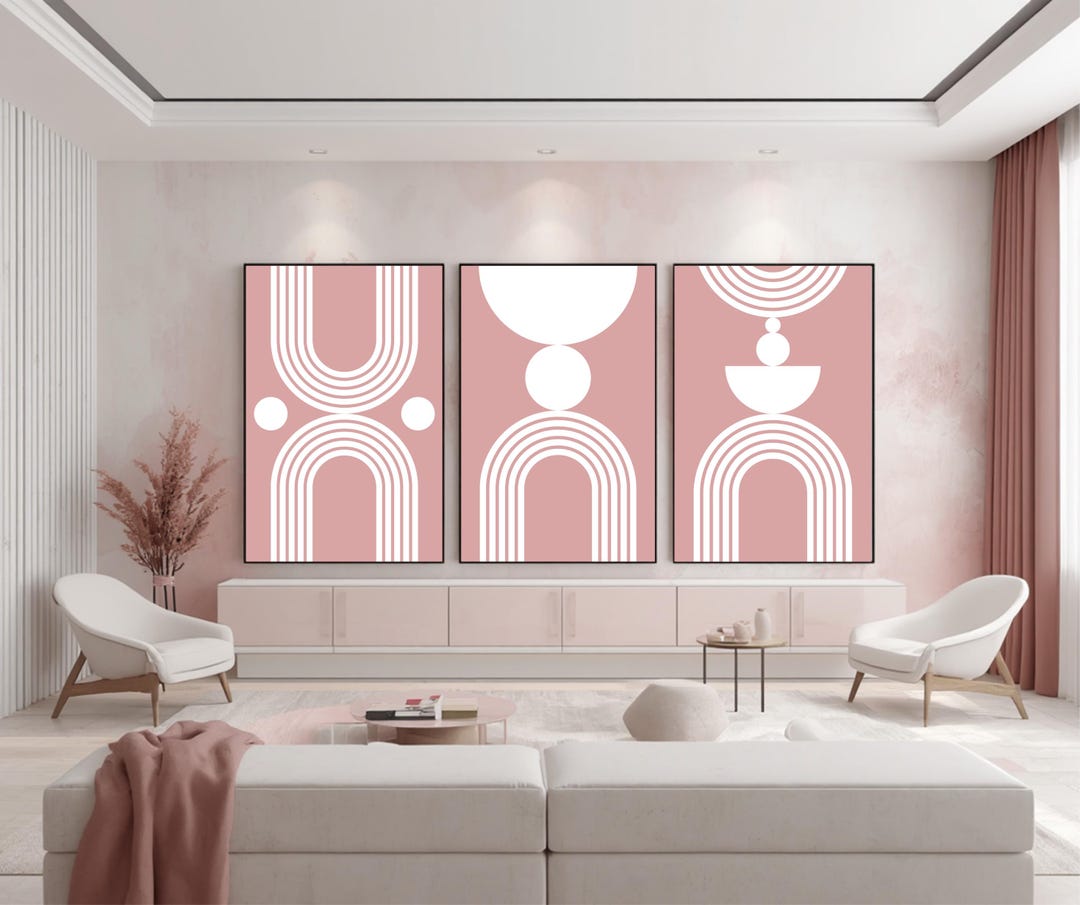 Mid Century Modern Wall Art Set of 3 Dusty Pink Boho Geometric Abstract ...