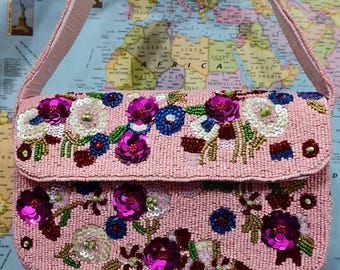 Handcrafted Floral Clutch Bag: Embroidered Evening Purse with Beaded Handle