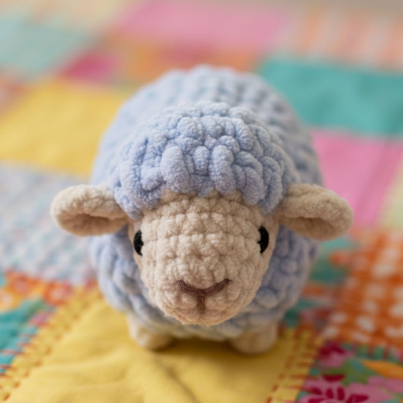 May include: A light blue crochet sheep toy with a cream face and ears. The sheep has black eyes and a small smile. The soft toy is placed on a colourful patchwork quilt, perfect for a nursery.