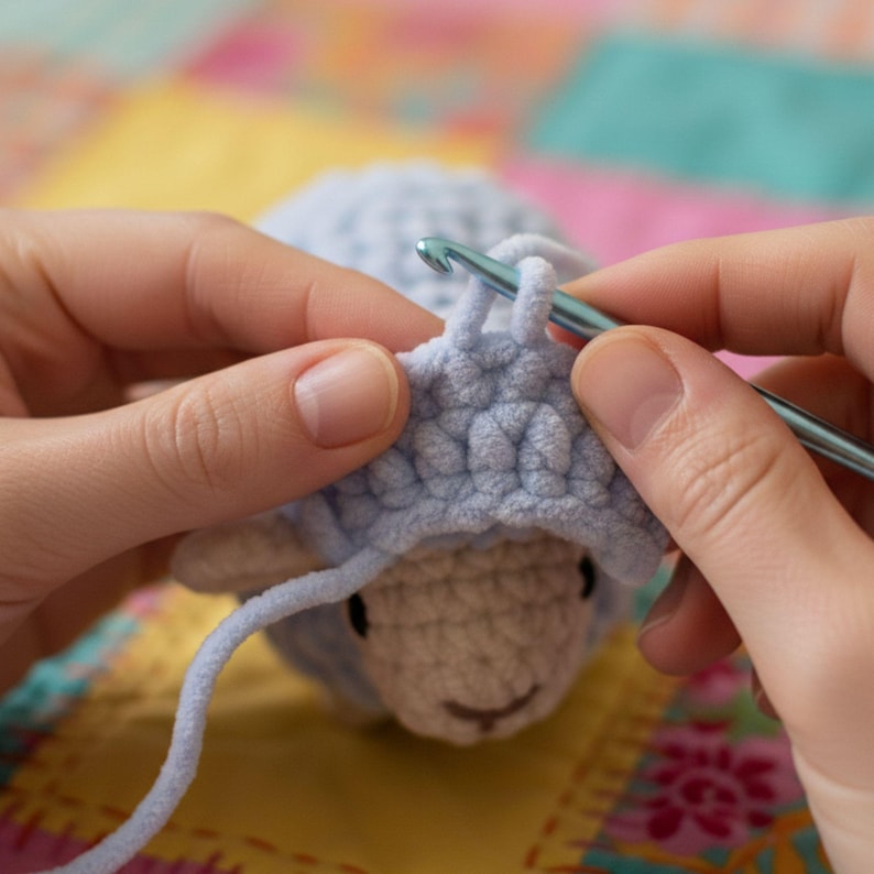 May include: A light blue crocheted sheep is being worked on with a silver crochet hook. The sheep has a white face and ears, and a smiling expression. The hands are holding the crochet project.