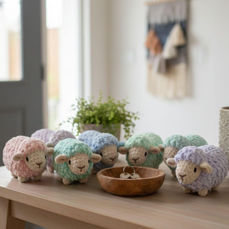 May include: A group of handmade crochet sheep in pastel shades of pink, green, blue, and lilac. The sheep are displayed on a wooden table, with a wooden bowl containing keys. A small potted plant and wall hanging are visible in the background.