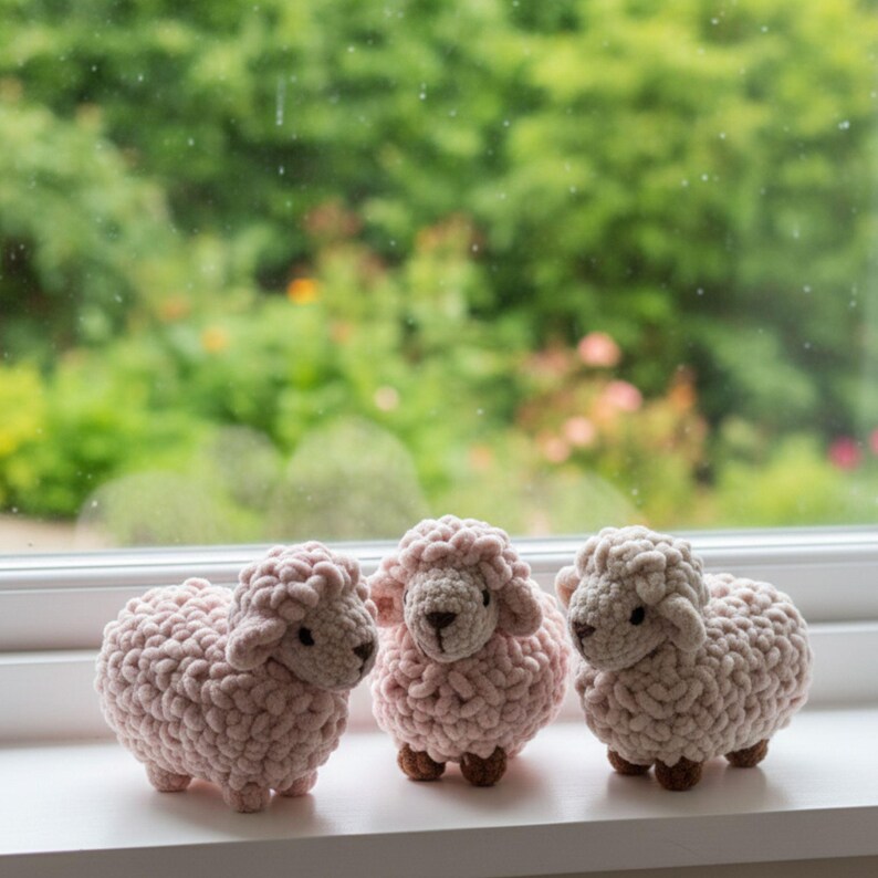 May include: Three handmade crochet sheep figurines in shades of pink and cream sit on a white windowsill. The sheep have fluffy, textured bodies, small dark eyes, and brown hooves. The background is a blurred view of green foliage.