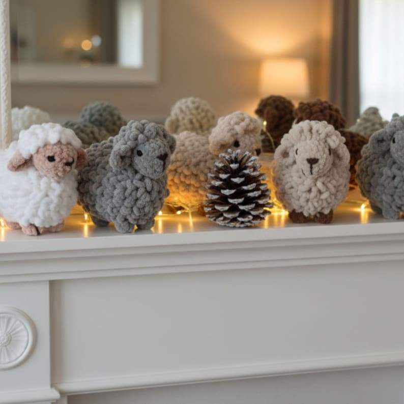 May include: A display of handmade crochet sheep in shades of white, grey, and beige, arranged on a white surface. A pine cone is placed amongst the sheep. The scene is lit by a string of small lights, creating a warm, rustic atmosphere.