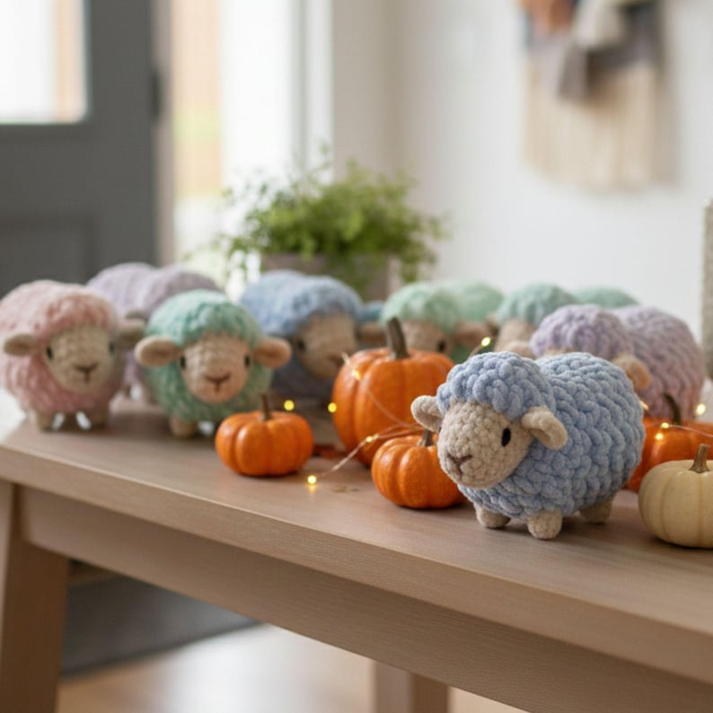 May include: A display of crocheted sheep in pastel colours, including pink, blue, green, and purple, alongside small orange pumpkins. The sheep have cream-coloured faces and ears. The arrangement is on a wooden table.