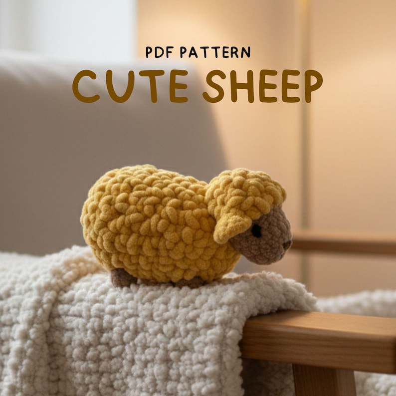 May include: A handmade, yellow crochet sheep with a textured body and brown face and ears. The sheep is on a white, fluffy blanket. The image includes the text "PDF PATTERN" and "CUTE SHEEP".