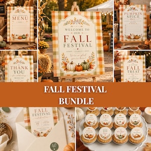 May include: A Fall Festival bundle featuring printed signage with orange and green plaid borders, pumpkin illustrations, and autumn foliage. Includes menu, welcome, pumpkin spice bar, thank you, and treat signs, plus invitations and cupcake toppers.