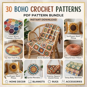Puede incluir: Un collage digital titulado 30 BOHO CROCHET PATTERNS PDF PATTERN BUNDLE que muestra varios artículos de ganchillo, incluyendo una manta hexagonal, una manta cuadrada, cojines de girasol, una alfombra de carambola y un bolso.