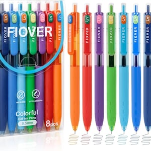 May include: A set of eight colorful gel ink pens in a clear plastic case. Each pen has a different colored barrel and ink, including blue, green, purple, red, orange, and black. The pens are labeled "FIOVER" and "0.5mm".