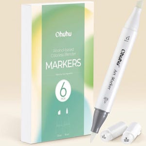 May include: A six-pack of Ohuhu alcohol-based colorless blender markers in a rectangular box with green and white branding. The set includes a white dual-tip art marker with a brush and chisel nib, along with two white marker caps labeled Colorless Blender.