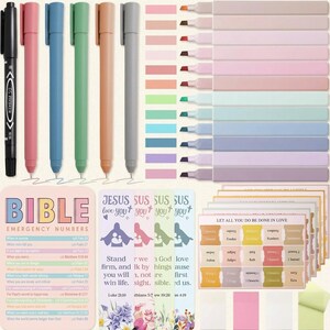 May include: A set of stationery supplies including five colored pens, fifteen pastel highlighters, a Bible emergency numbers card, four bookmarks with religious text and floral designs, and several sheets of adhesive Bible index tabs.