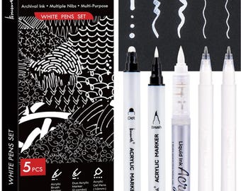5Pc White Gel & Acrylic Paint Pens, Brush Tip Markers for Black Paper Drawing