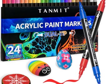 24 Color Acrylic Paint Pens Dual Tip Markers Brush Fine Art Supplies DIY