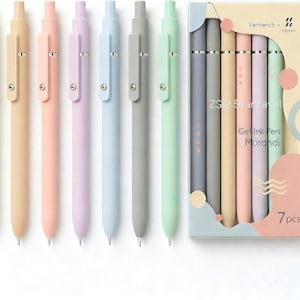 May include: A set of seven gel ink pens in pastel colors, including cream, peach, pink, lavender, blue, gray, and mint green. The pens are displayed next to a box with the text "ZS2 Star Travel Gel Ink Pen Morandi" and the brand name "Vanhench x ZENNY".