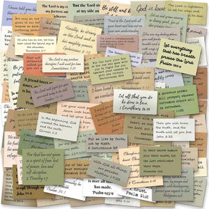 May include: A collection of vintage-style paper notes with handwritten Bible verses and inspirational quotes. The notes are in various colors and sizes, creating a layered, textured aesthetic.