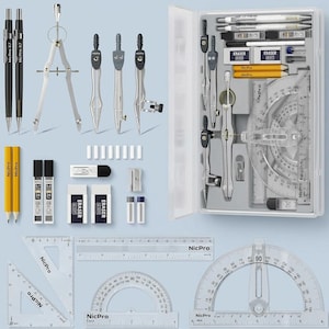 May include: A comprehensive drafting and geometry set featuring two mechanical pencils, three metal compasses, two yellow pencils, lead refills, erasers, a sharpener, two triangles, a straight ruler, and two protractors, all branded NicPro.