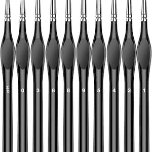 May include: A set of ten fine-tipped paint brushes. Each brush has a black handle with a silver ferrule and a brown bristle tip. The brushes are numbered from 0 to 9, with the smallest brush labeled as 2/0.