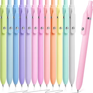 May include: A collection of colorful gel pens in various pastel shades, including green, blue, purple, pink, orange, yellow, and gray. Each pen has a matching clip and tip, with a silver button. The pens are arranged in a row, with one pen angled to the right.