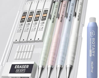 Nicpro 4PCS Pastel Mechanical Pencil Set 0.5mm with Leads Erasers Rotary Eraser School Kit