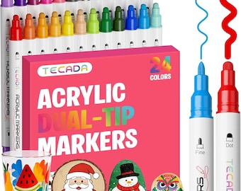 24 Color Acrylic Paint Pens Dual Tip Fine Dot Markers Multi Surface Art
