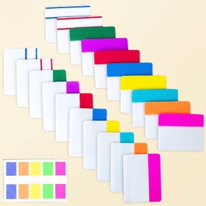 May include: A collection of rectangular white adhesive index tabs featuring vibrant colored edges in blue, red, green, purple, yellow, orange, and pink. The set includes various orientations and a small rectangular card with ten color swatches.